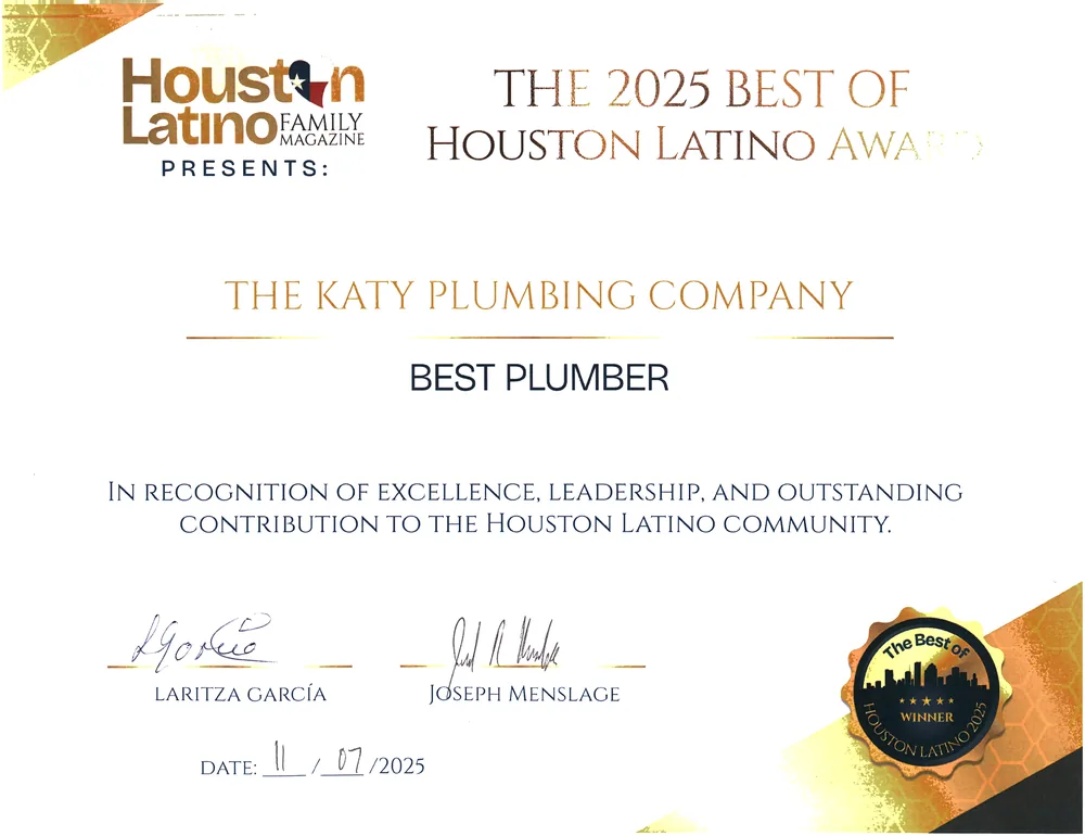 The 2025 Best of Houston Latino Award certificate: The Katy Plumbing Company Heating & Air named Best Plumber