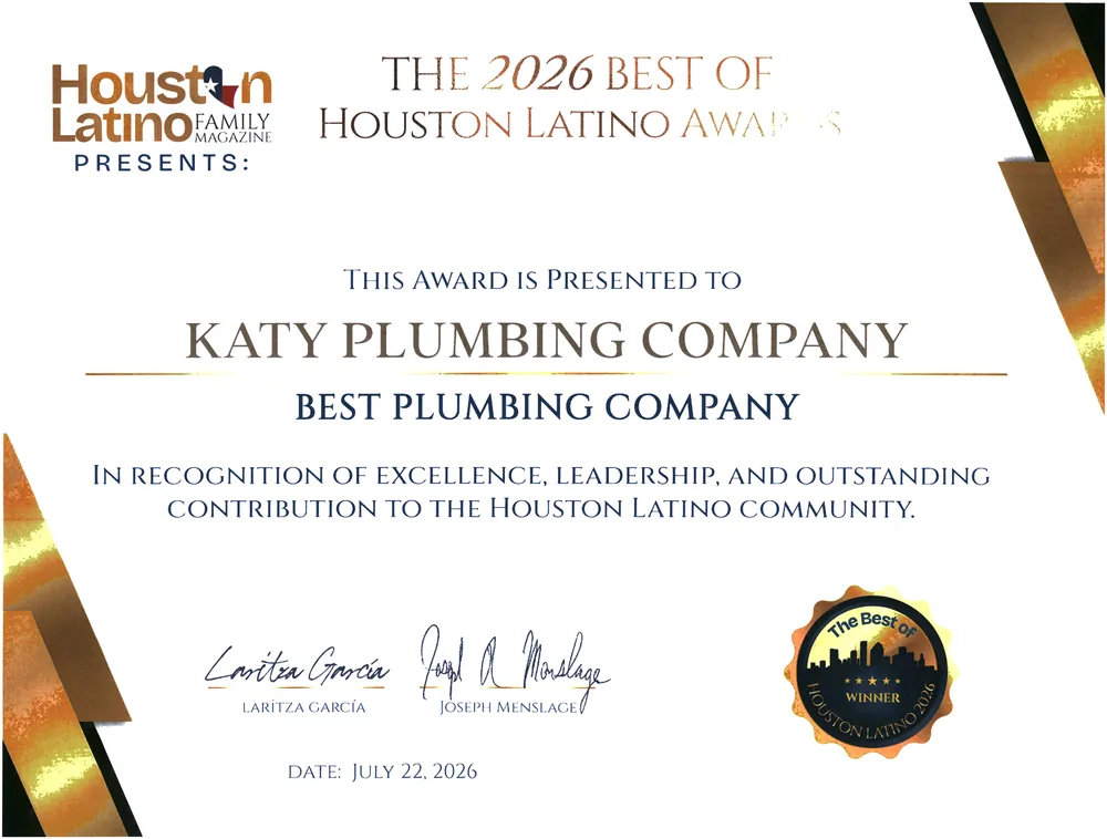 The 2026 Best of Houston Latino Awards certificate: The Katy Plumbing Company Heating & Air named Best Plumbing Company