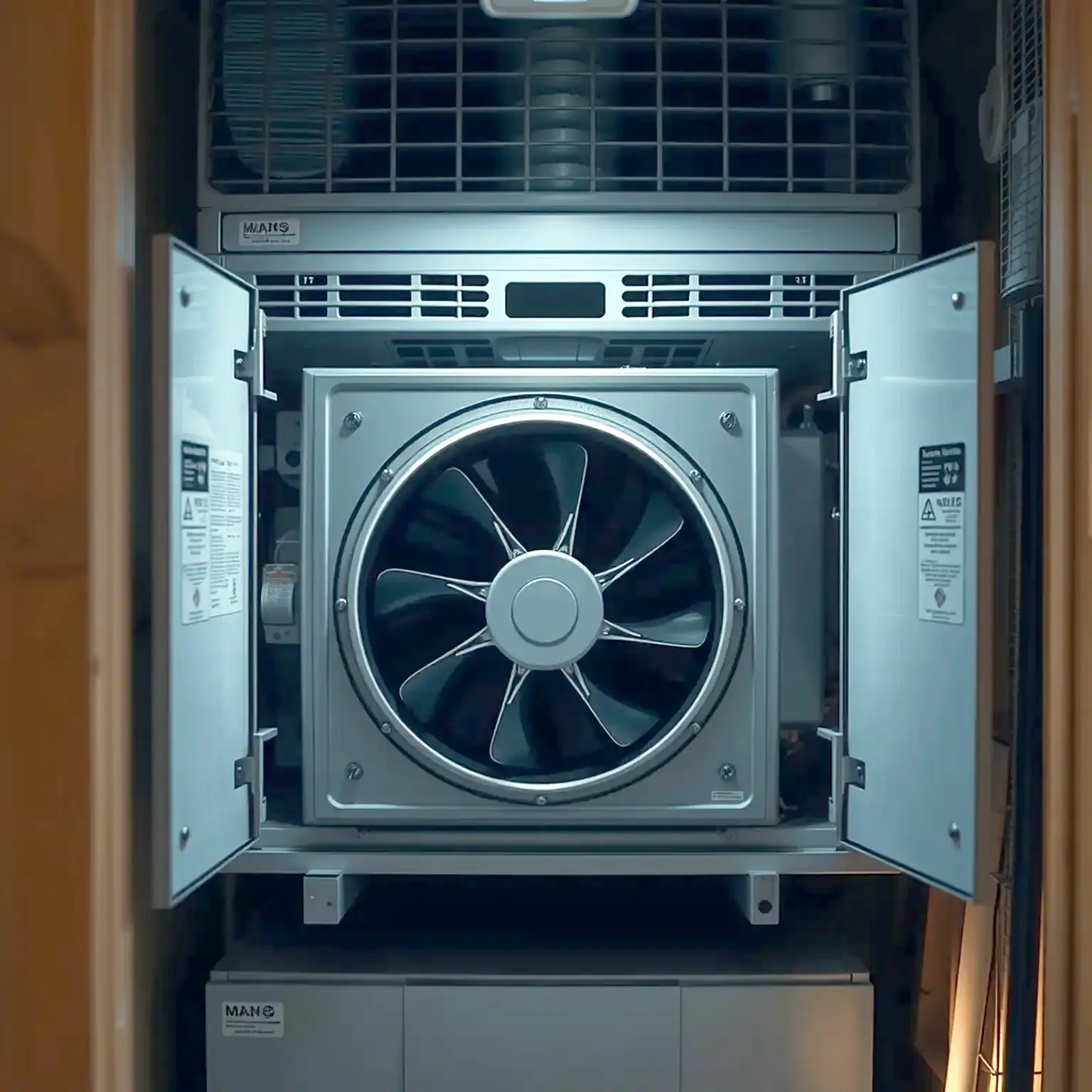 An air handler with its front panel removed showing the blower fan