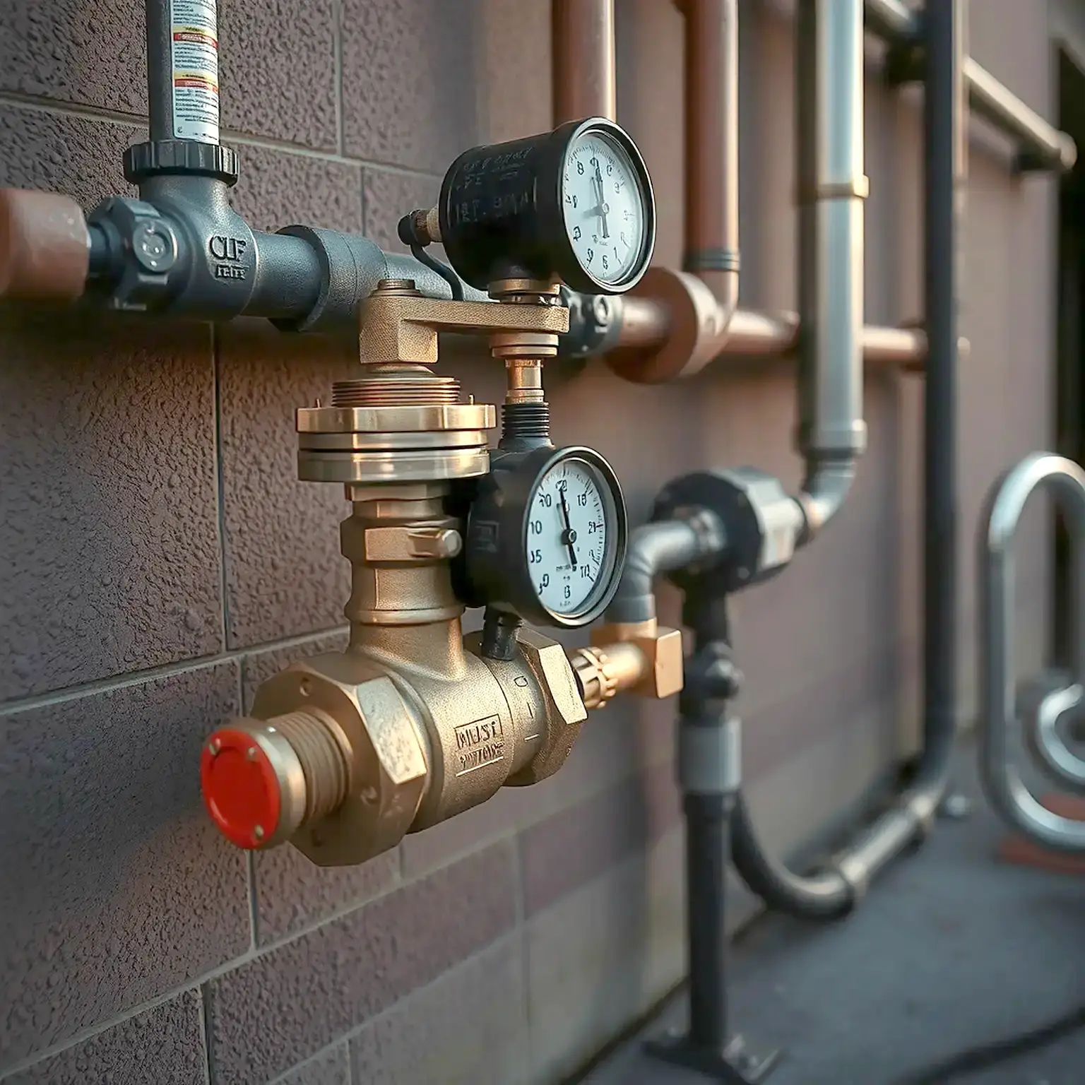 A brass backflow preventer assembly with a test gauge kit attached