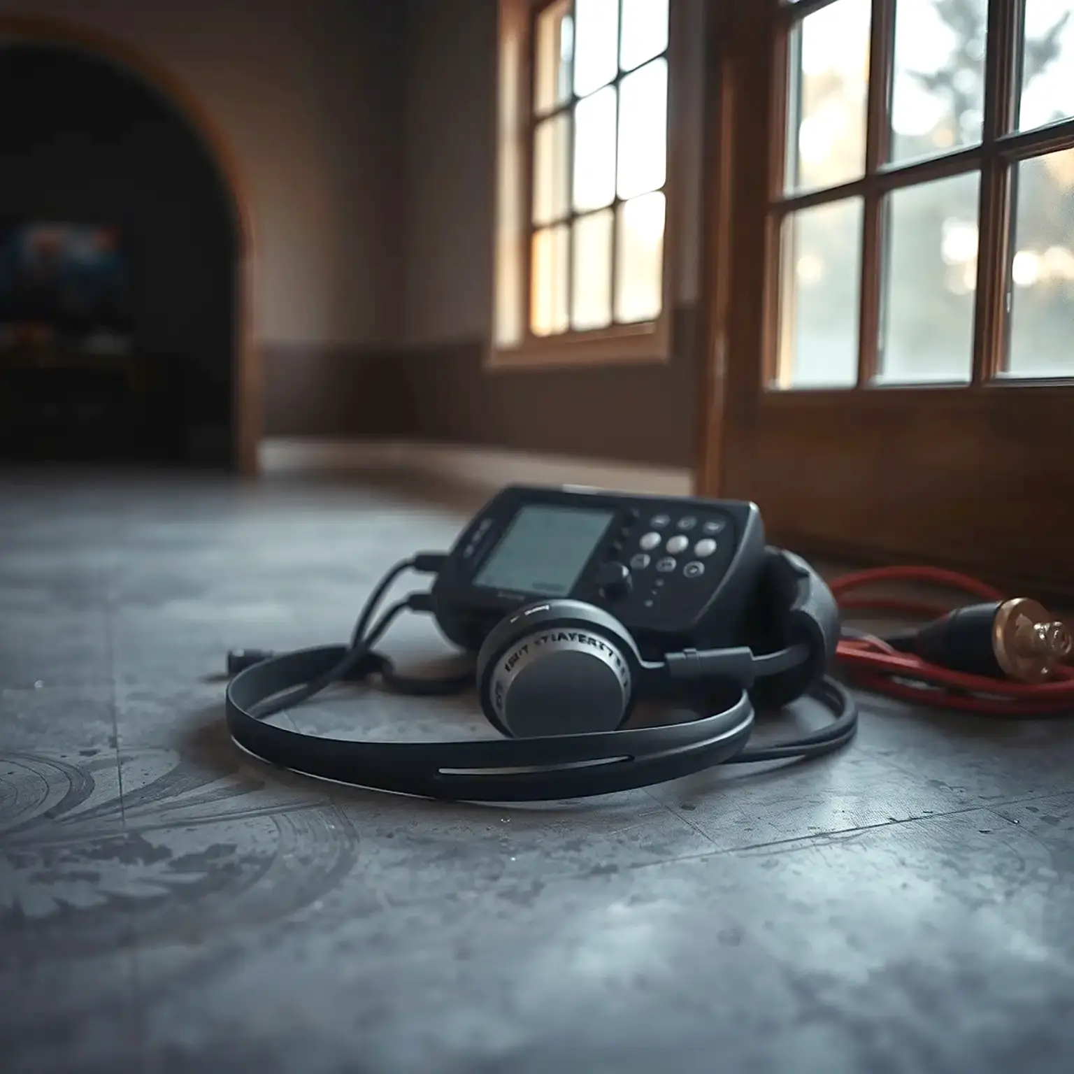 Acoustic leak-detection equipment resting on a concrete slab floor