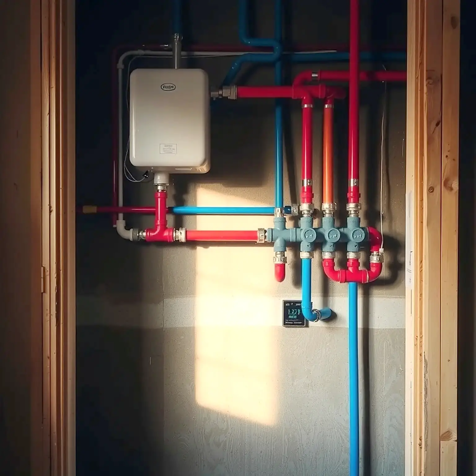A new PEX manifold with red and blue lines in an open framed wall