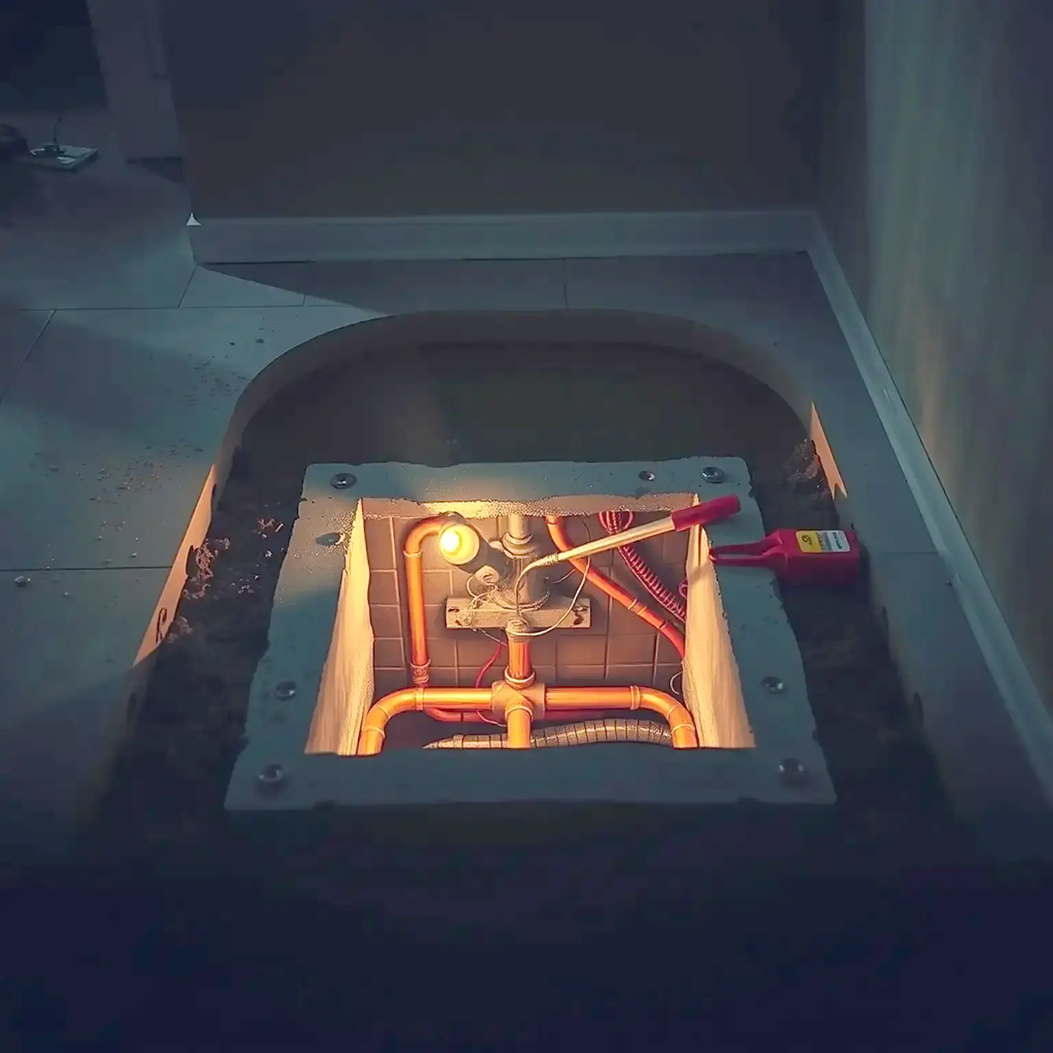 An opened section of slab revealing the copper water line beneath a home