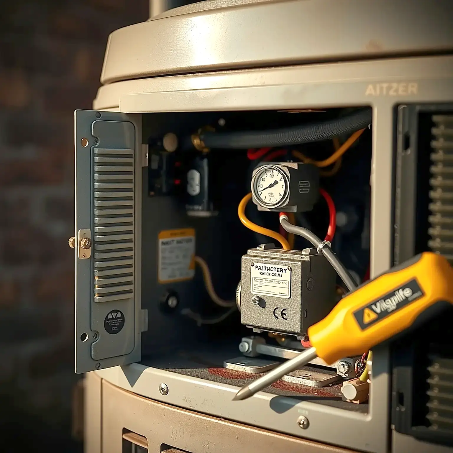The open electrical panel of an AC condenser showing its capacitor and wiring