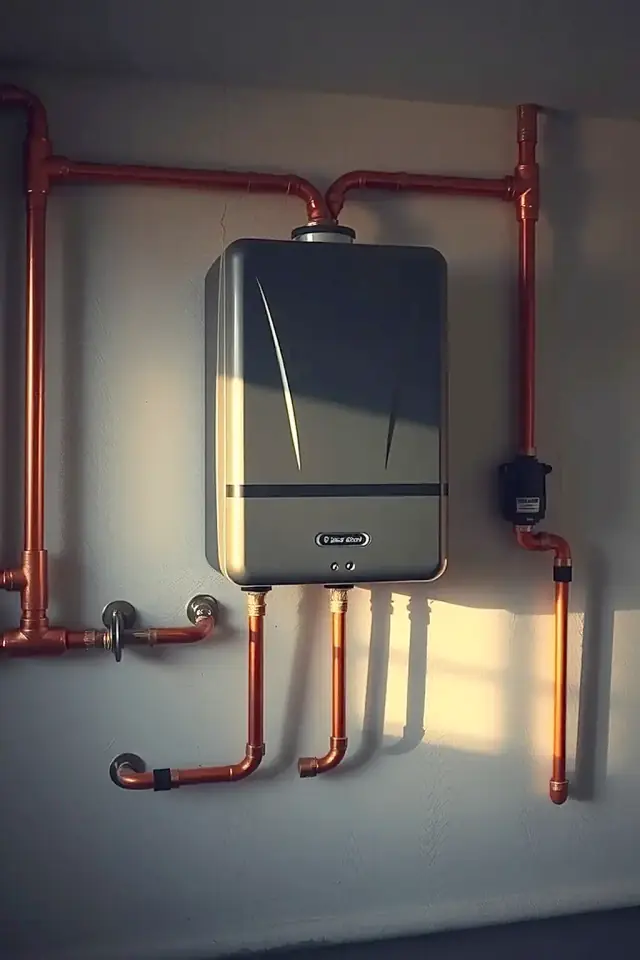 Illustration of a wall-mounted tankless water heater