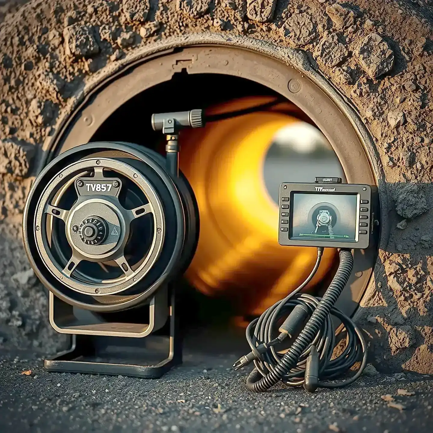 A sewer camera reel and monitor showing the inside of a pipe