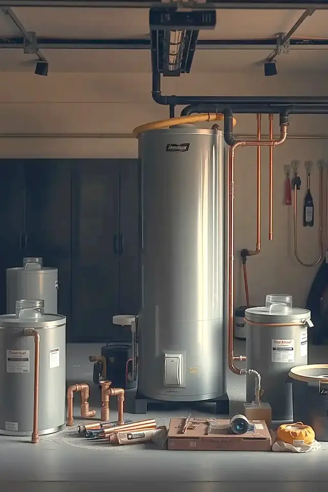 Illustration of storage water heaters and plumbing tools