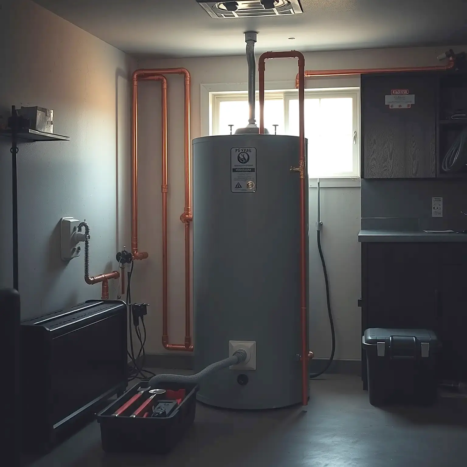 Licensed plumber inspecting a residential water heater in a Katy home