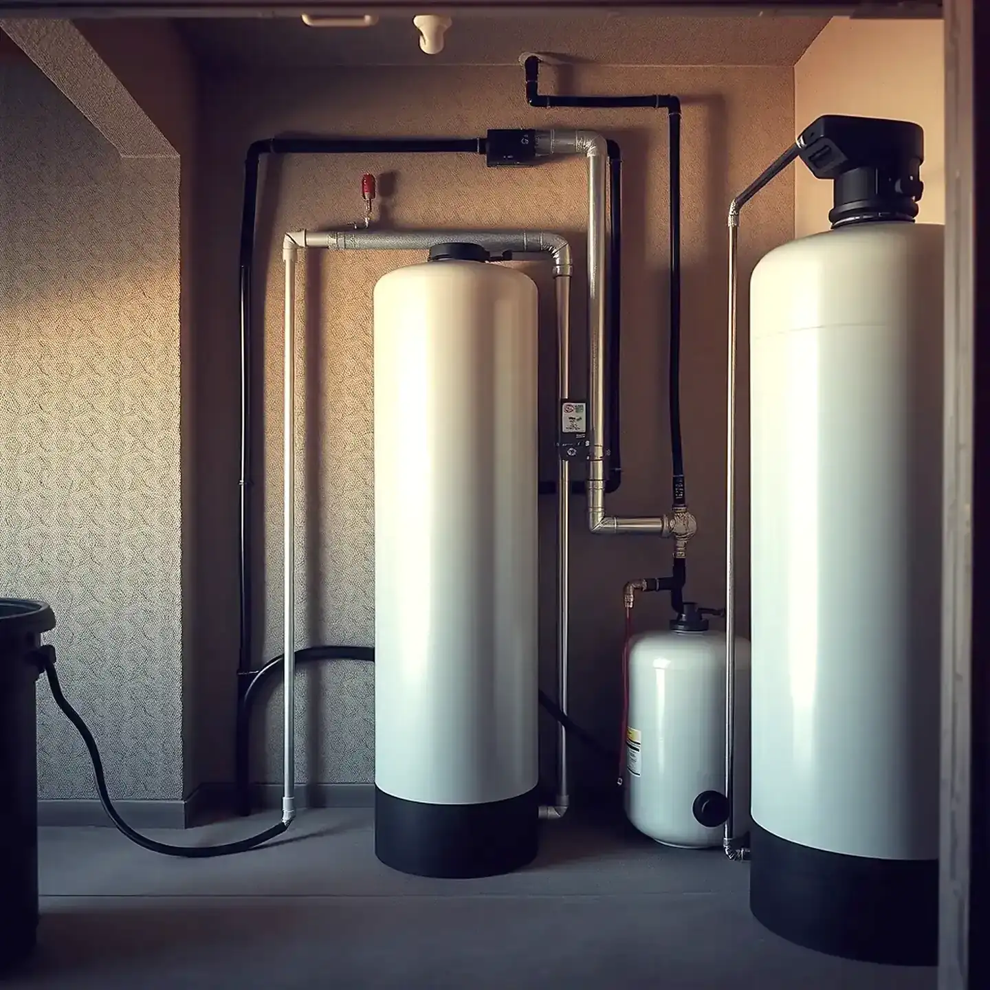 A residential water softener system installed in a garage corner